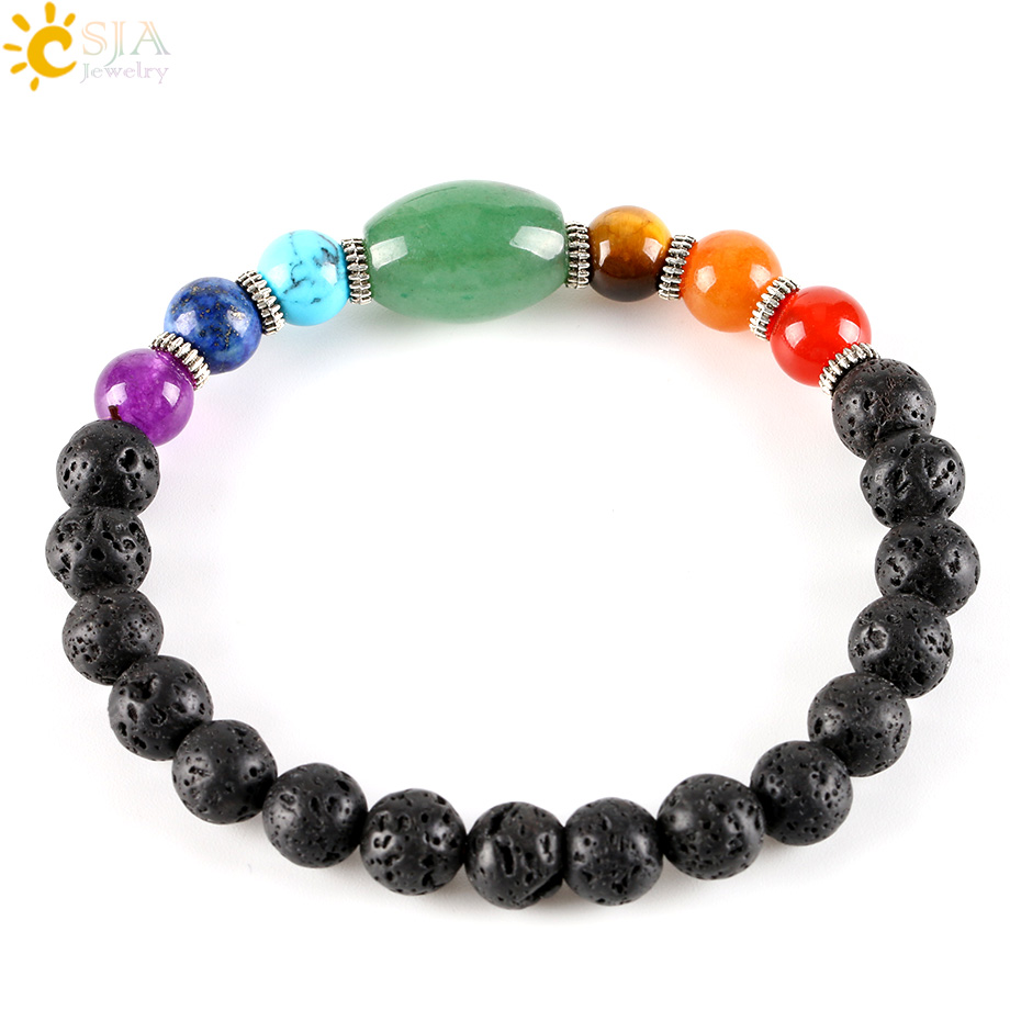 

CSJA Big Size Green Aventurine Created Healing 7 Chakra Gemstone Black Lava Strand Bracelet for Male Female Gift Jewellery E279