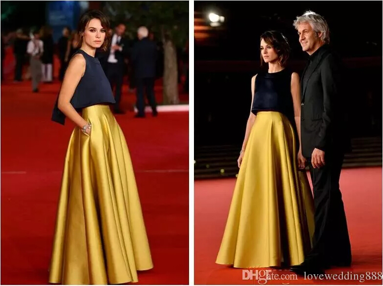 Two Pieces Prom Evening Dresses 2019 Navy Blue And Yellow A Line Custom Made Party Formal Gowns Robes