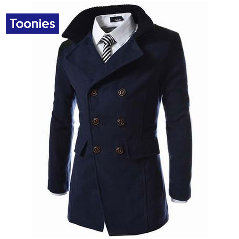 Wholesale- 2017 Fashion Autumn Winter High Quality Jacket Solid Men's Coat Double Breasted Man Slim Woolen Coats Brand Clothing Windbreaker