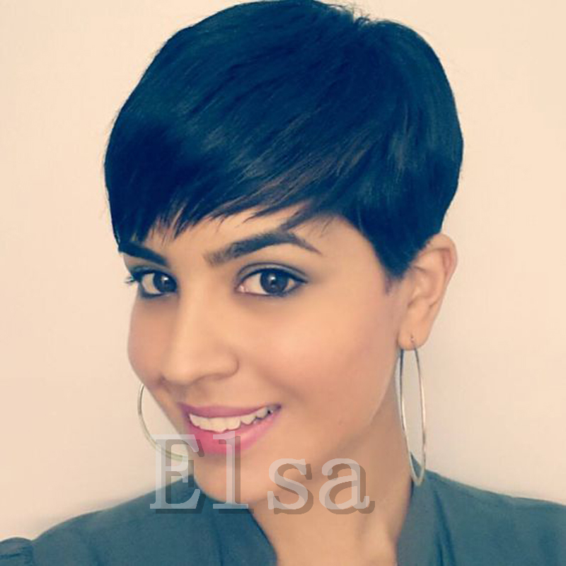 

Short Human Hair Wigs Pixie Cut Straight Remy BrazilianHair for Black Women Machine Made Highlight Color Glueless Wig, Natural color