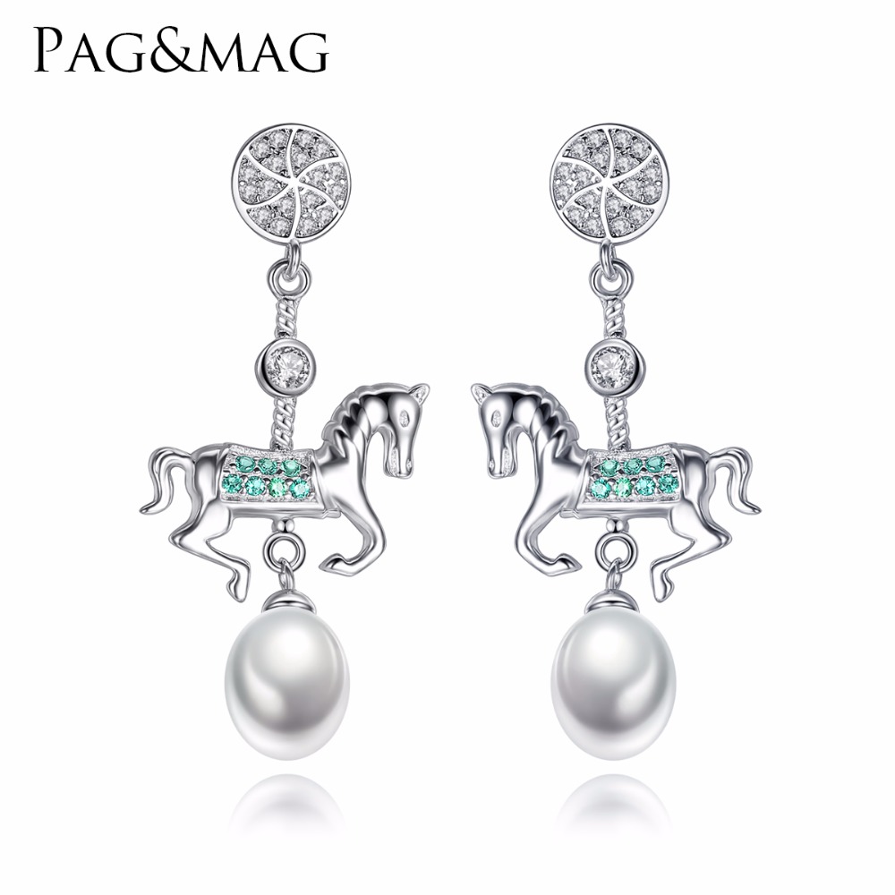 

PAG&MAG 925 Sterling Silver Fashion Creative Color Carousel Drop Earrings For Girl Natural Pearl Pendant Earrings Women Jewelry