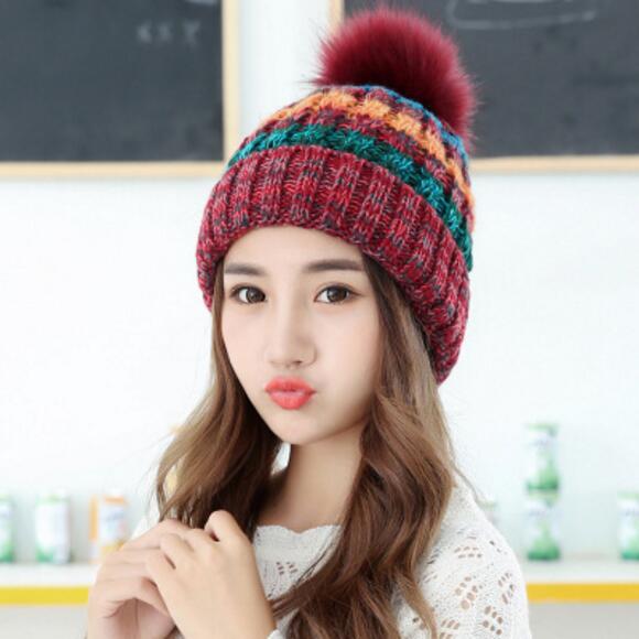 

Multi color knitted hats for women girls hat knitted beanies cap Fur ball cap fur pom poms warm winter knitted hats LA345, Navy blue