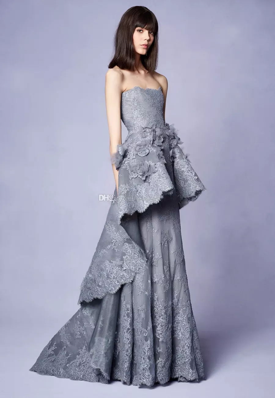 

Long Grey Lace Evening Dresses Gown With 3d Floral Embellishments Strapless Neckline Party Dresses Marchesa Resort Collection, Light purple