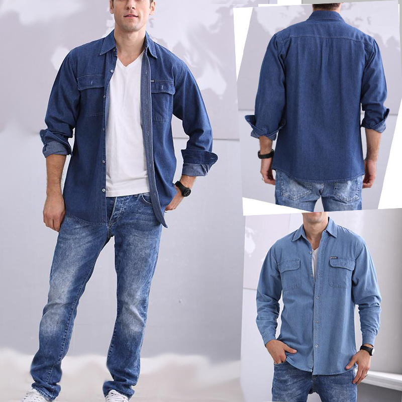 

Wholesale- 2017 New arrival Men shirt fashion solid denim shirts blue and deep blue colors