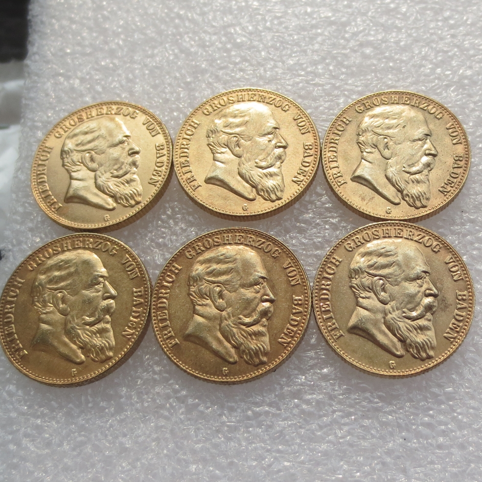 

Full set ( 1902-1907) 6pcs German States BADEN 10 Mark Gold Plated copy Coin Brass Craft Ornaments replica coins