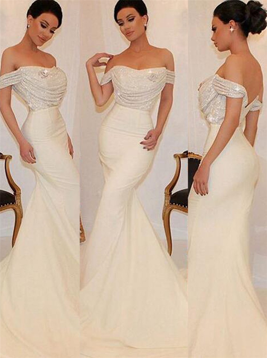 

Gorgeous Sequins Slim Mermaid Off-The-Shoulder Bridesmaid Dress with Sequins Top Wedding Party Dress vestidos cortos de fiesta