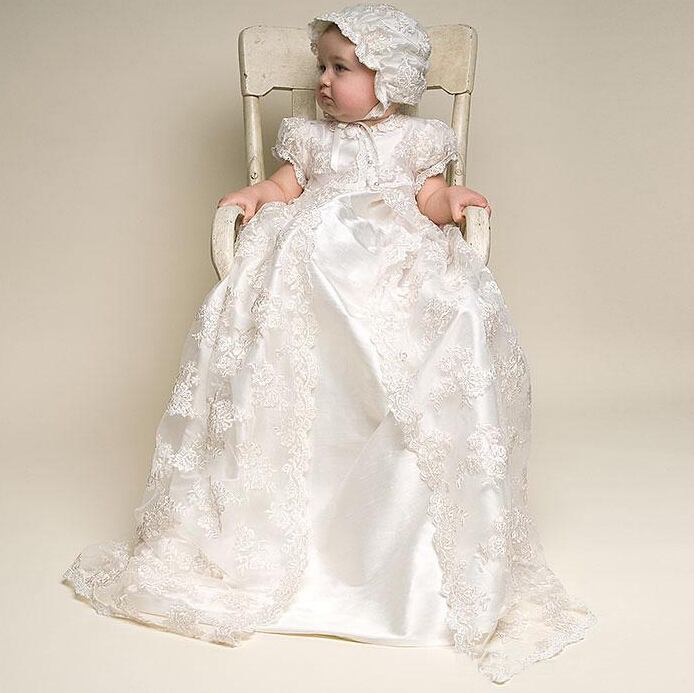 

Cute Newborn Baby Christening Dresses Crawling 2017 Hot Short Sleeves Satin Long Toddler Baptism Gowns With Lace Jacket Hat, White