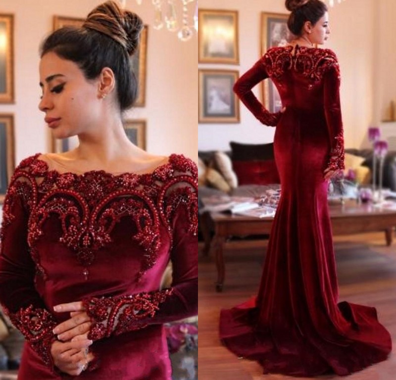 Saudi Arabic Dresses 2017 Elegant Burgundy Velvet Long Sleeves Mermaid Evening Dresses Beaded Collar Dark Red Prom Gowns-image-94368827