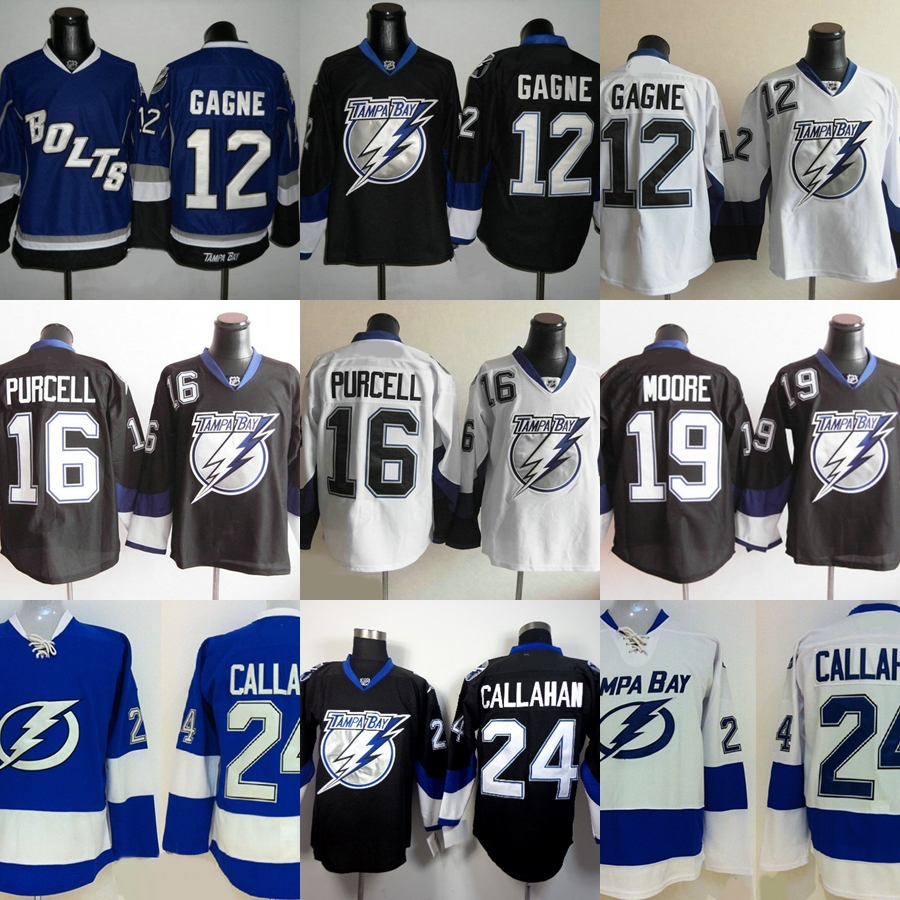 Factory Outlet Éclairage pour hommes à Tampa Bay # 12 Gagne # 16 Purcell # 19 Moore # 24 Ryan Callahan Blue White Nouveaux chandails de hockey su