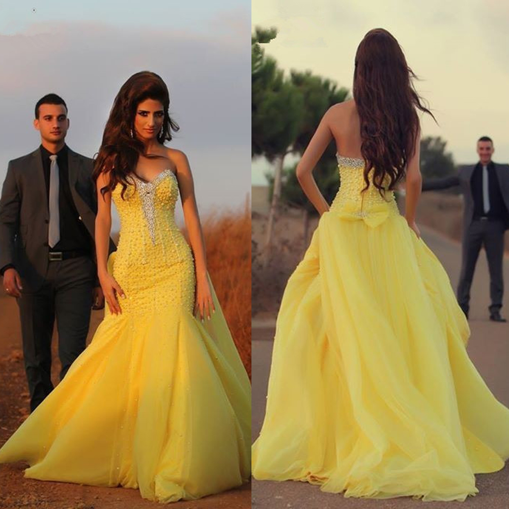 

Glamorous Mermaid Yellow Evening Dress Beadings Sweep Train Outside Prom Dress vestidos de fiestas largos elegante de noche, Gold