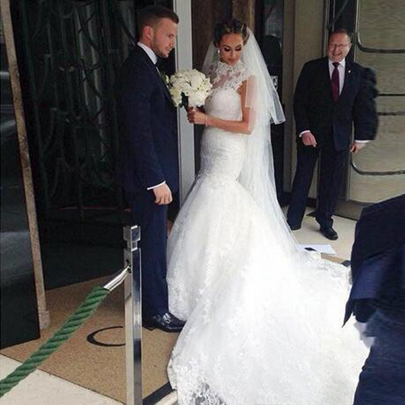 high neck fit and flare wedding dress