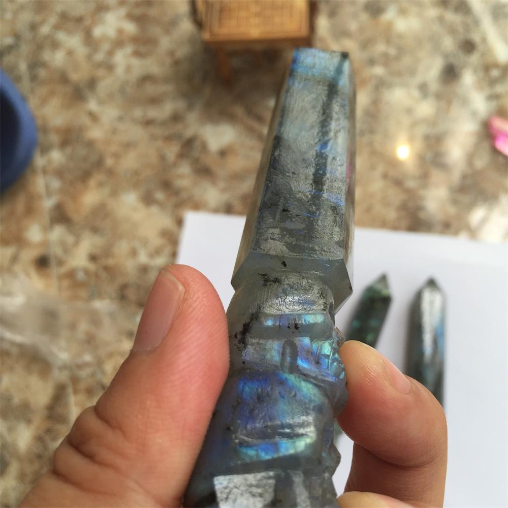 

1PCS natural blue moonlight Labradorite crystal column six prism carved skeleton hand handle pieces, Carved two skulls Home feng shui pendul