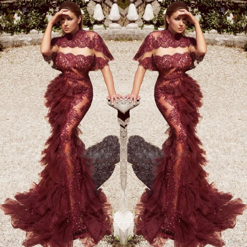 

Burgundy Lace Mermaid Prom Dresses 2018 High Neck See Through Evening Gowns Tulle Tiered Long Formal Party Dresses Custom Made, Light yellow