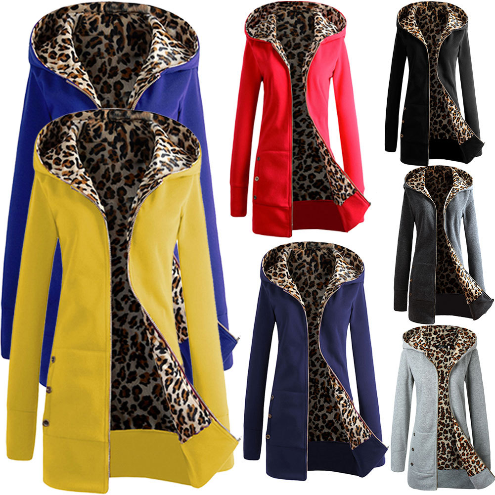 

European autumn winter new hot zipper long-sleeved leopard-print warm hooded pocket casual street sweater jacket,Support mixed batch