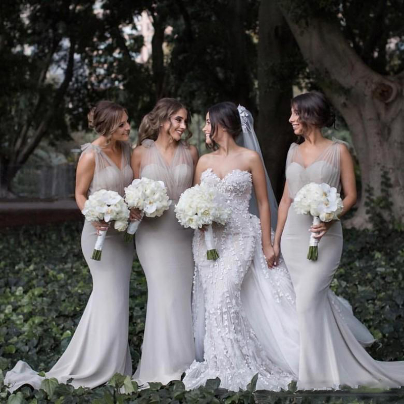 

Elegant Sheer Tulle Mermaid Bridesmaid Dresses For Western Country Garden Weddings 2017 Cheap Maid of Honor Gowns Evening Dresses