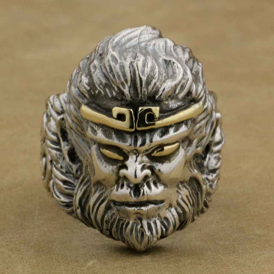 

LINSION 925 Sterling Silver Chinese Monkey King WuKong Ring Mens Biker Rock Punk Style 9M018 US Size 9~11