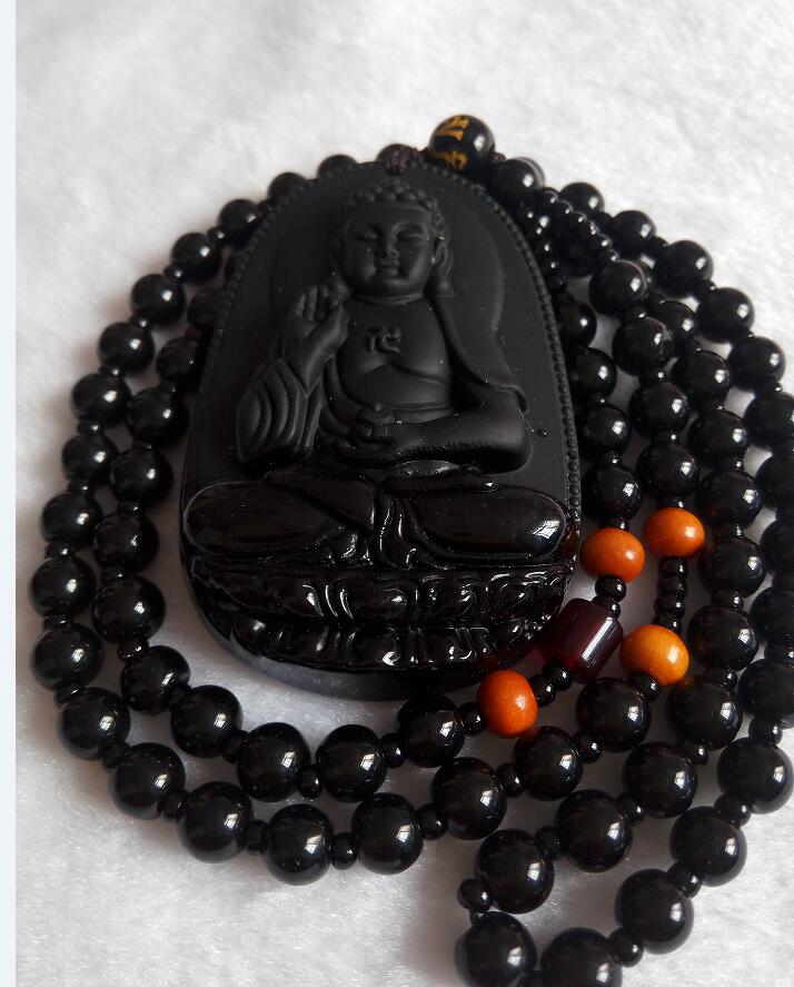 

Natural Black Obsidian Carved GuanYin Buddha Lucky Pendant + Necklace F1, Silver