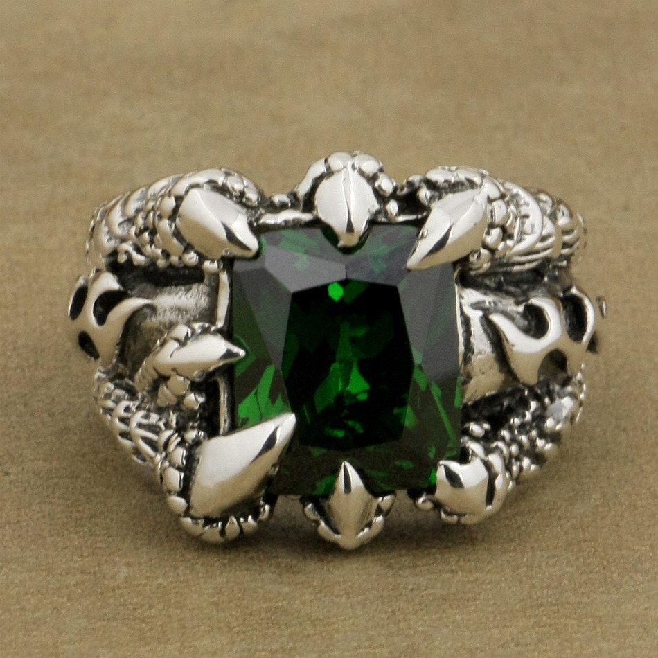 

LINSION 925 Sterling Silver Huge Green CZ Stone Dragon Claw Ring Mens Biker Punk Style 8T402 US Size 7~15