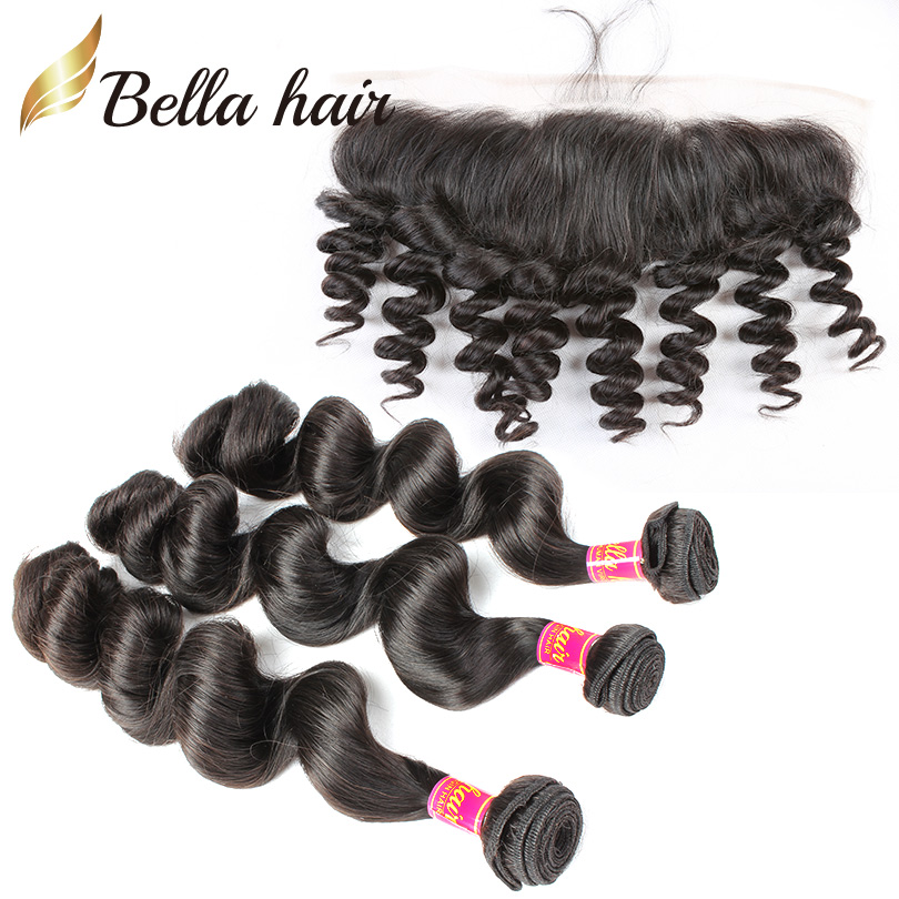 

Brazilian Hair Weft with Lace Frontal 13x4 Virgin Human Hair Extensions Loose Wave Double Wefts Peruvian Malaysian Indian, Natural color