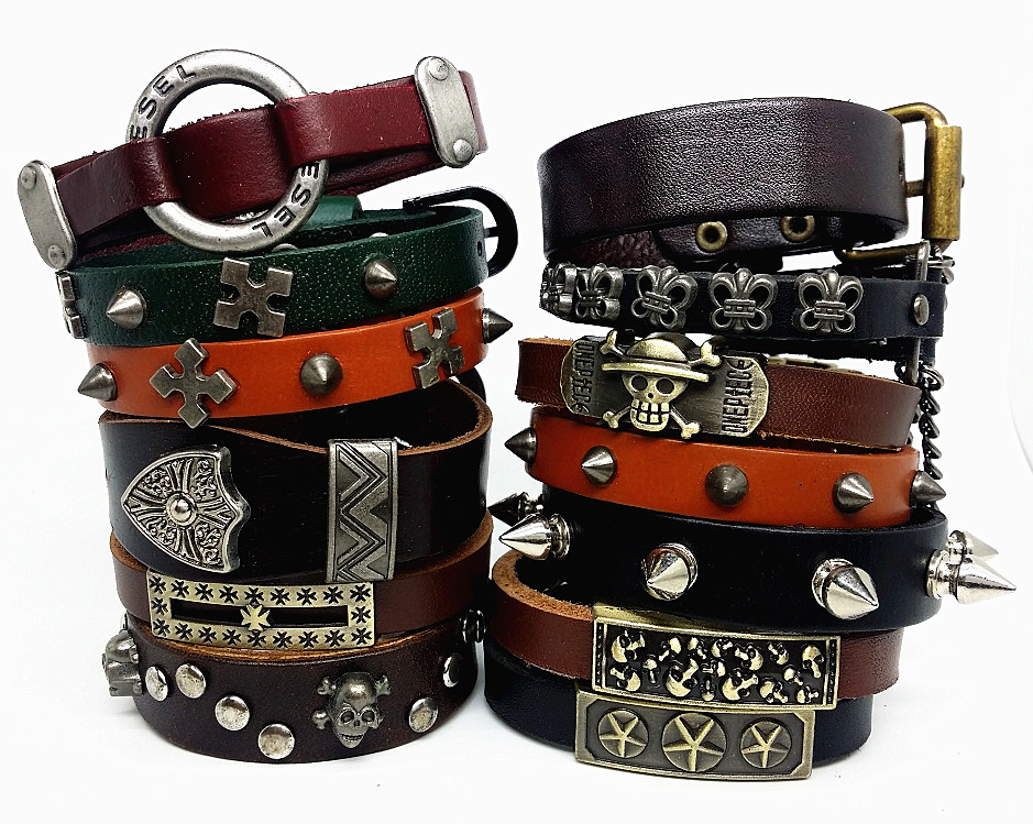 

new top men's boy's Genuine Leather copper alloy punk rock style cuff jewelry bracelets wholesale lots, Golden;silver