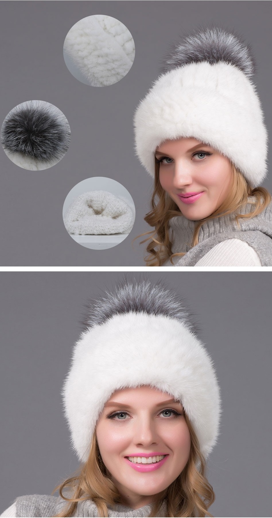 New fashion natual real mink fur hat for women winter knitted mink fur beanies cap With lining with silver fox fur pom pom