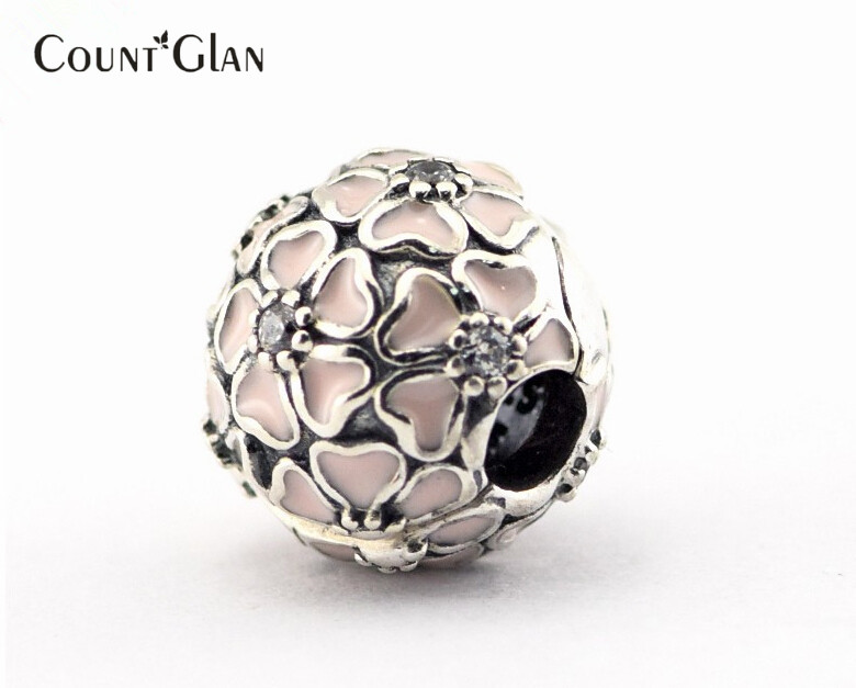 Fits Pandora Bracelets Cherry Blossom Clip Silver Beads with Clear CZ 100% 925 Sterling Silver Charms DIY Jewelry-image-396440451