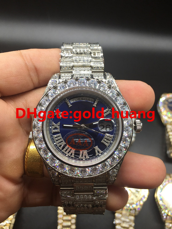 

Luxury 43mm Big diamonds Mechanical man watch (Multi color dial) All diamond band Automatic Stainless steel men watches Silver Blue