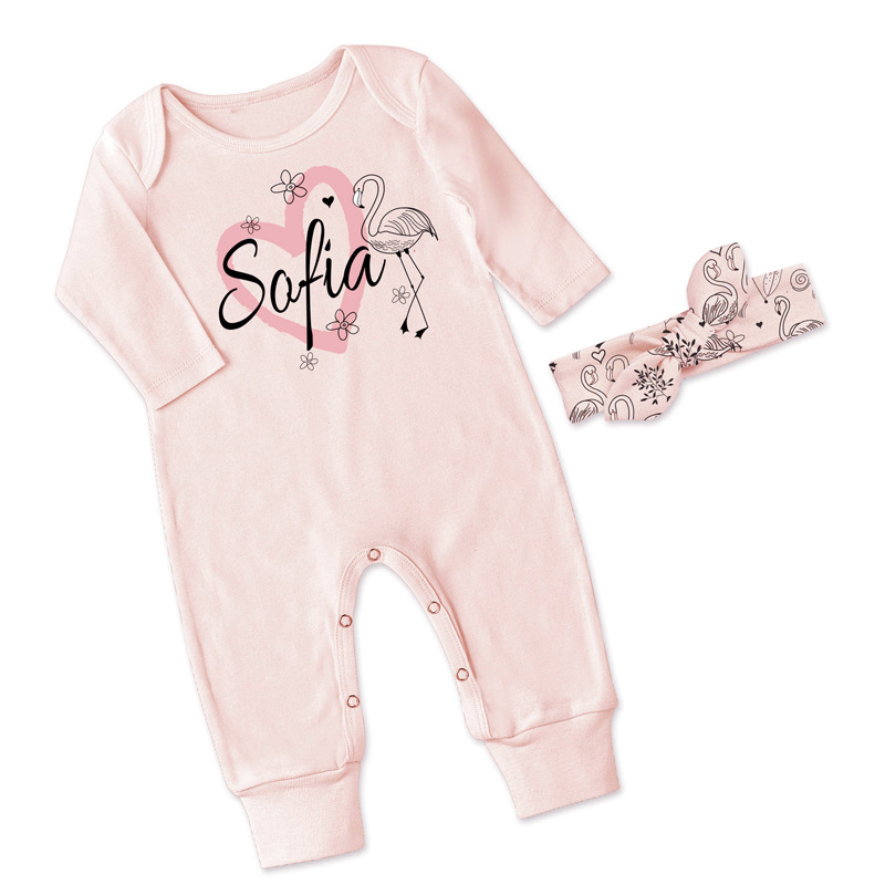 

New Children Spring Autumn Pink Long Sleeved Rompers Newborn Flamingo Print Soft Cotton Romper With Headbands 2pcs Sets