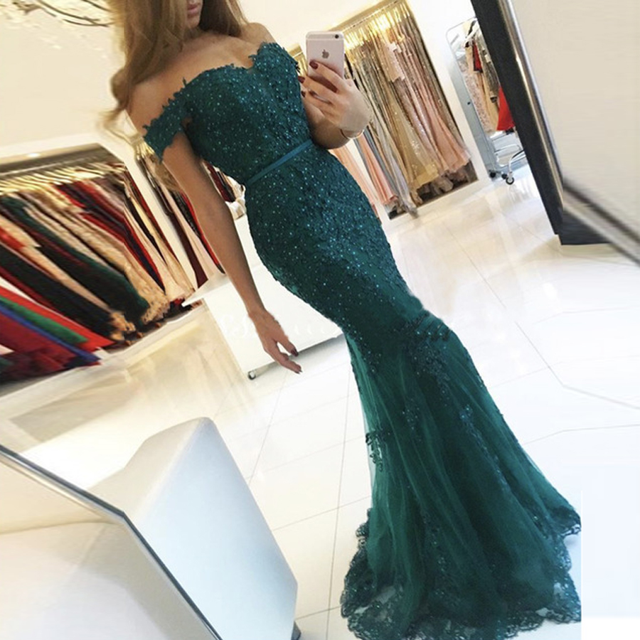 

New Green Prom Dresses Off the Shoulder Modest Robe De Soiree Mermaid Style Beading Lace Formal Evening Gowns Party Dress, Ivory