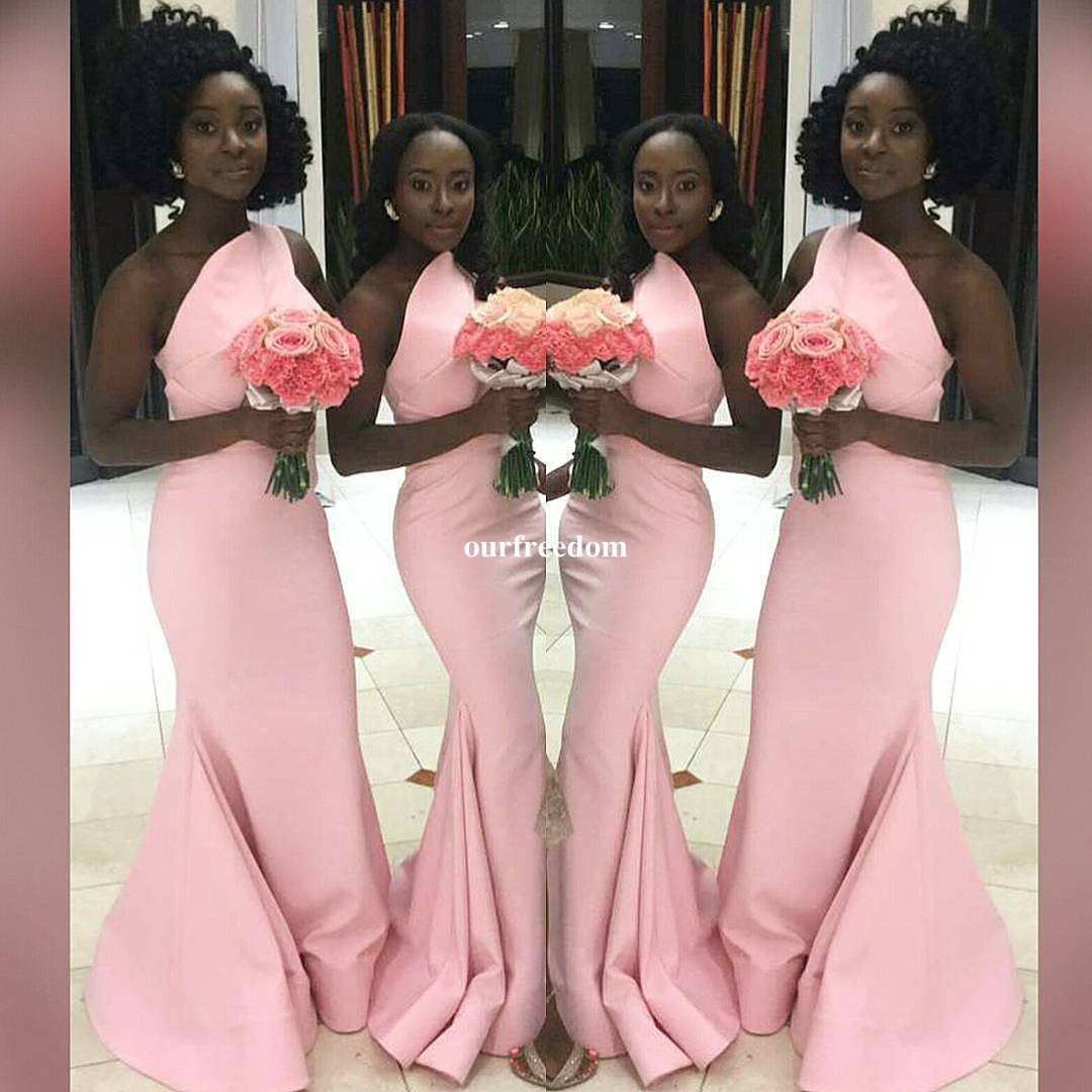 2019 South Africa Pink Satin Mermaid Bridesmaid Dresses One Shoulder Simple Style Maid Of Honor Wedding Guest Gown Formal Occasion Dresses