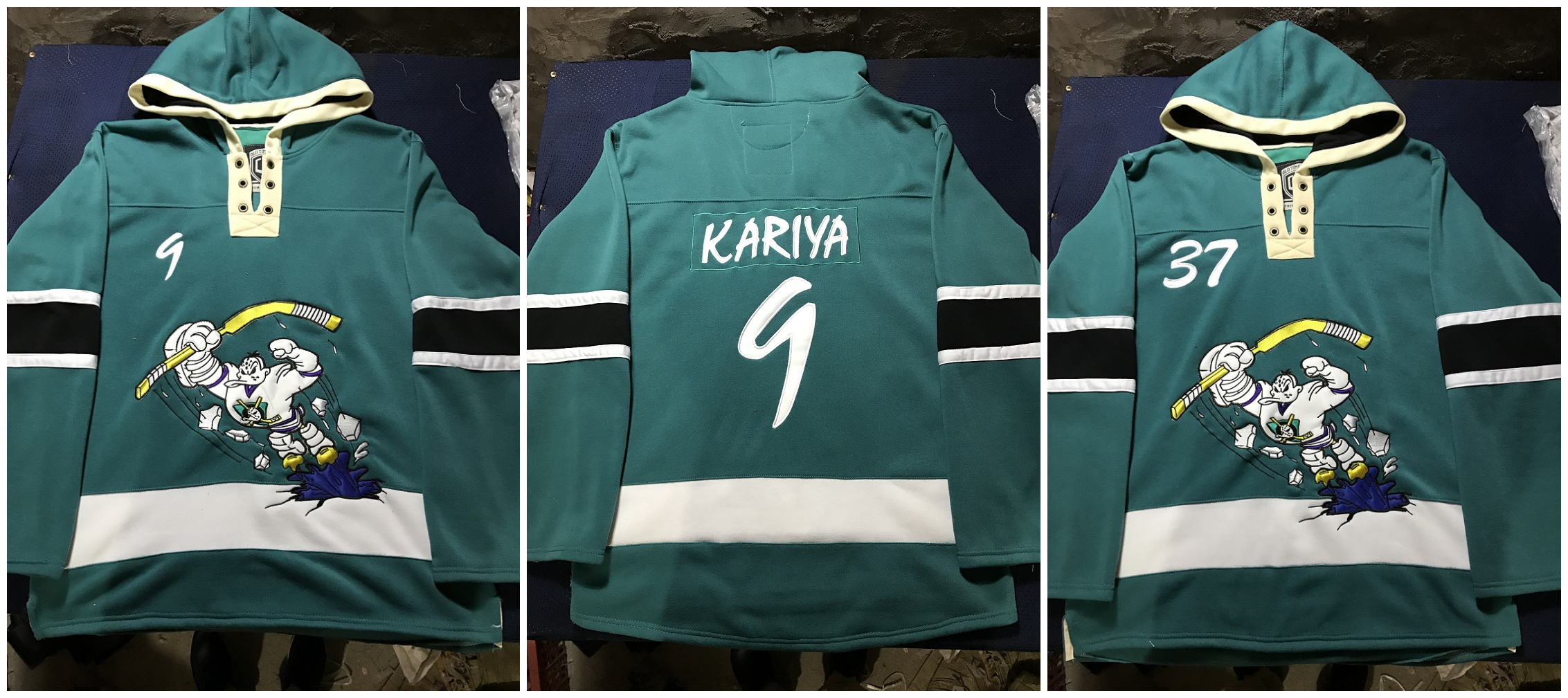 

Custom Anaheim Mighty Ducks third Movie Hoodie hockey 5 DIRK 8 Teemu Selanne 9 Paul Kariya 11 Karpov Pullover Sweatshirts Jacket Stitched, Blue