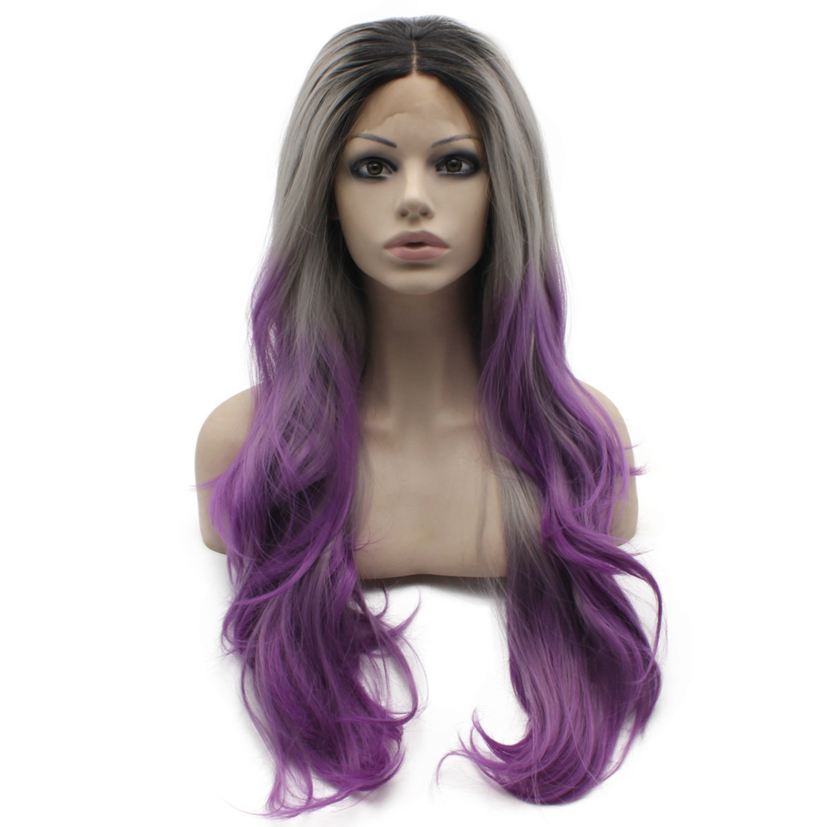 

Long Wavy Grey Purple Ombre Heat Friendly Fiber Hair Lace Front Wig, Ombre color