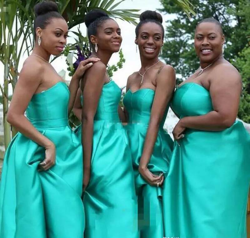 Turquoise Arabic Style Bridesmaid Dresses South African Negerian Satin Plus Size Wedding Guest Maid Of Honor Party Gowns With Pockets