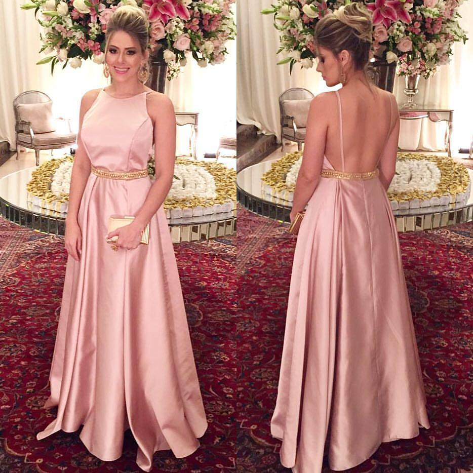 

Backless Satin Pink Prom Dresses Long Scoop Gold Beaded Waist Elegant Evening Dresses A-Line Party Dresses vestidos de festa longo, Dark red