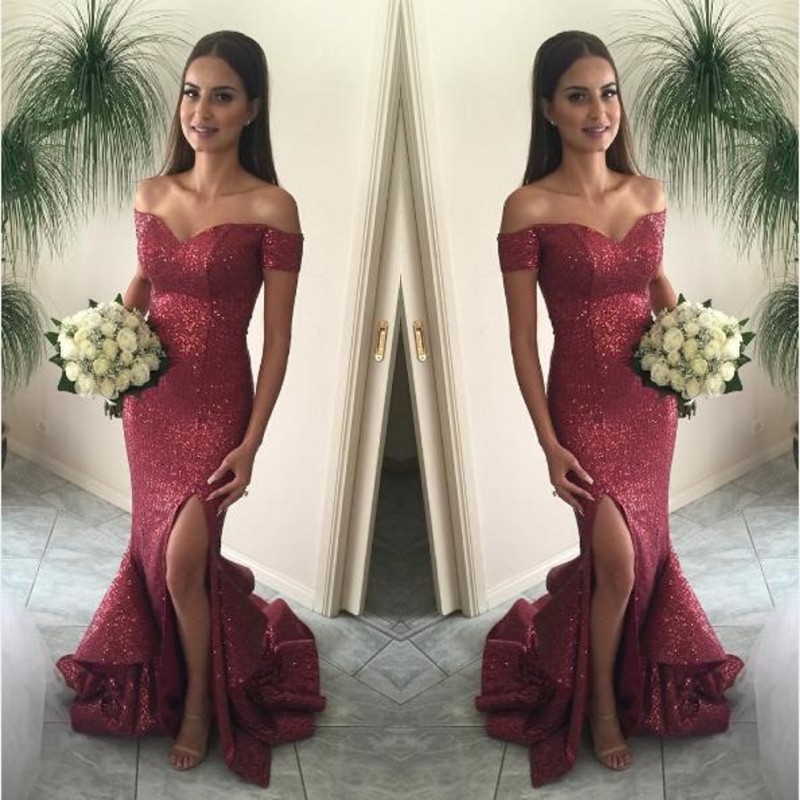 

2020 Cranberry Mermaid Prom Dresses Off the Shoulder Split Front Sparkling Sequin Evening Gown Sexy Burgundy Tired Skirts Court Train BA1066, Chocolate