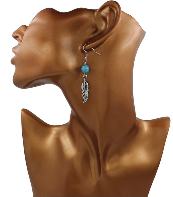 Bijoux pour femmes Vintage argent ton pendaison boucles d'oreilles alliage de plumes turquoise boucles d'oreilles pendantes bijoux cadeaux pour e