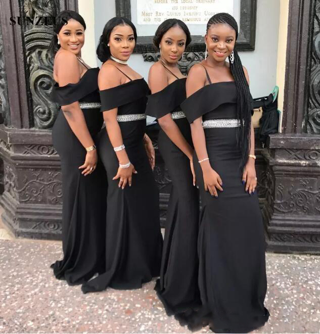 

Black Spaghetti Mermaid Bridesmaid Dresses 2018 South African Off The Shoulder Maid Of Honor Gowns With Sequined Belt Floor Length Vestidos