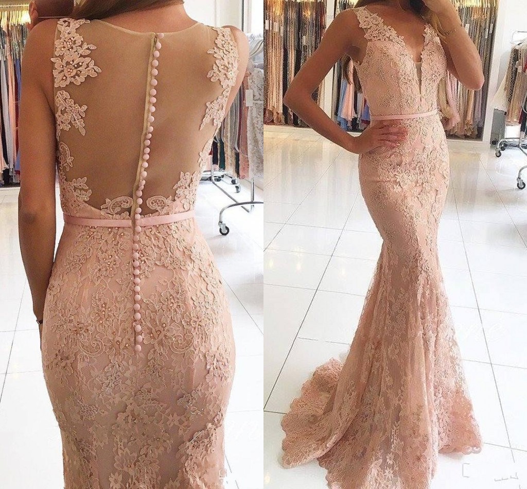 

2020 New Sexy Blush Pink Mermaid Evening Dresses Wear V Neck Illusion Lace Appliques Beaded Long Sheer Back Formal Party Dress Prom Gowns, Orange