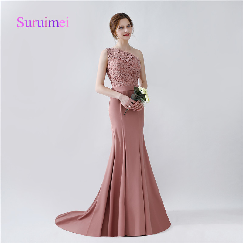 Fast Shipping Formal Mermaid Bridesmaid Dresses 2017 One Shoulder Satin Appliques For Wedding Party Gowns Bride Maid Sweep Train
