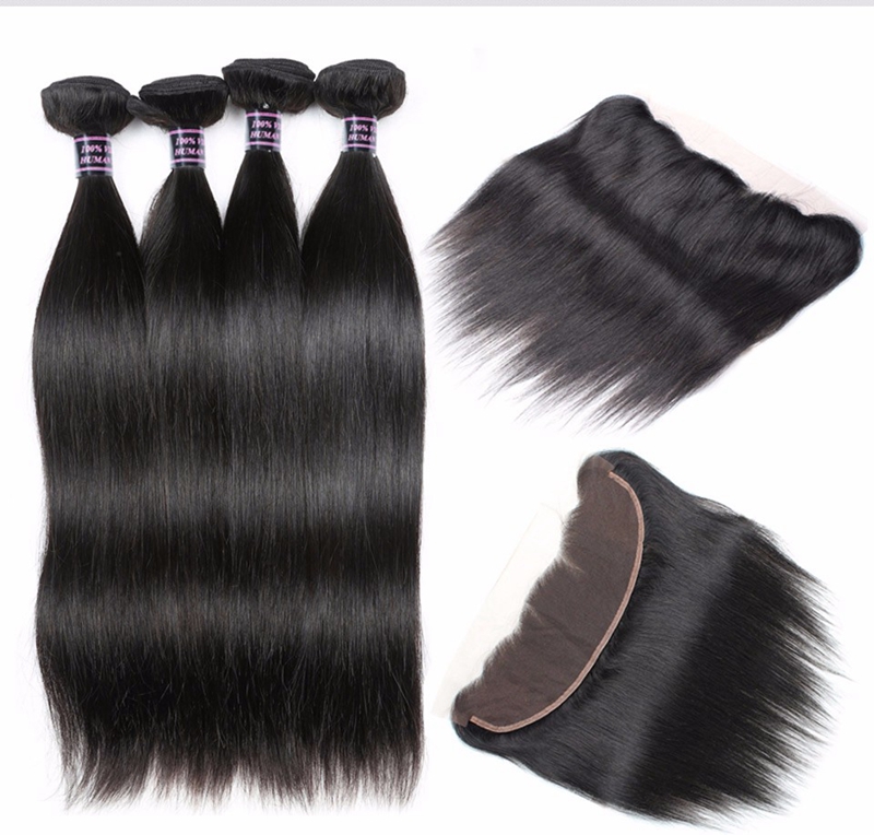 

Brazilian Hair Straight With Lace Frontal Closure Human Hair Bundles with Frontal 4pcs With 13x2.5 Ear to Ear Lace Frontal Closure Weaves, Natural color