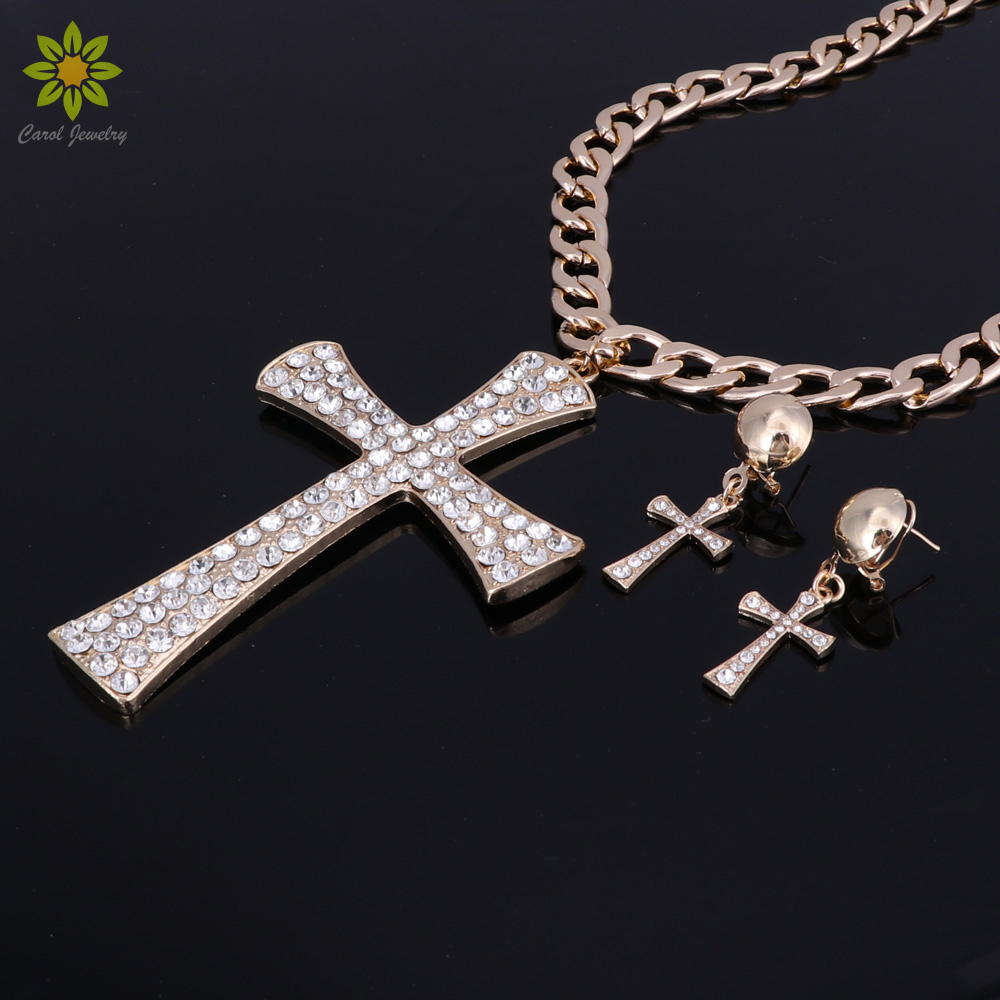 

New Fashion Jewelry Set Gold Metal Chunky Chain Clear Crystal Big Cross Pendant Necklace Set for Women