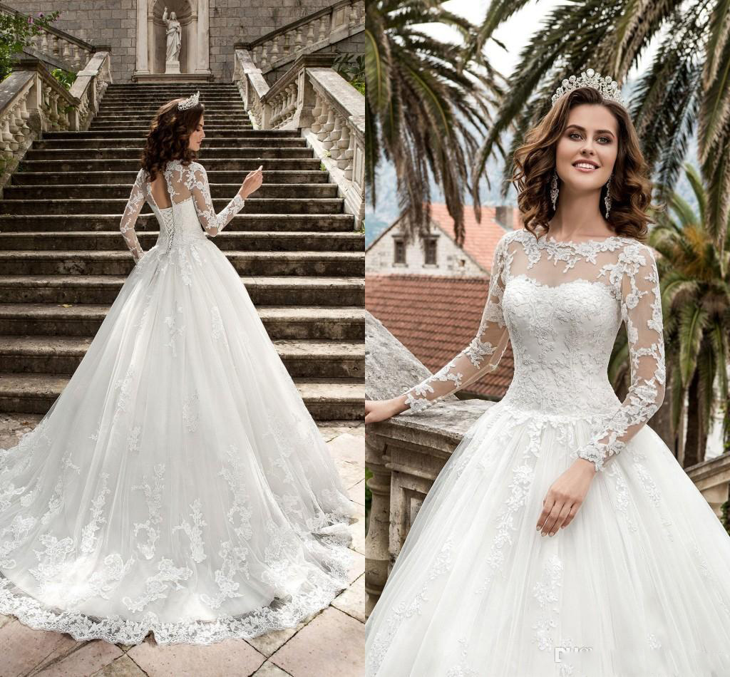 

2021 New Long Sleeves Wedding Dresses Sheer Neck Appliques A Line Corset Back Sweep Train Vintage Lace Beach Bridal Gowns Vestidos De Noiva, Champagne