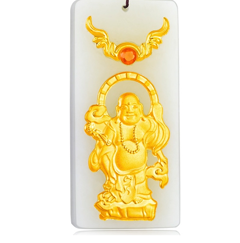 Sac rectangle blanc jade incrusté d'or Bouddha (talisman) collier pendentif (êtres purdue)