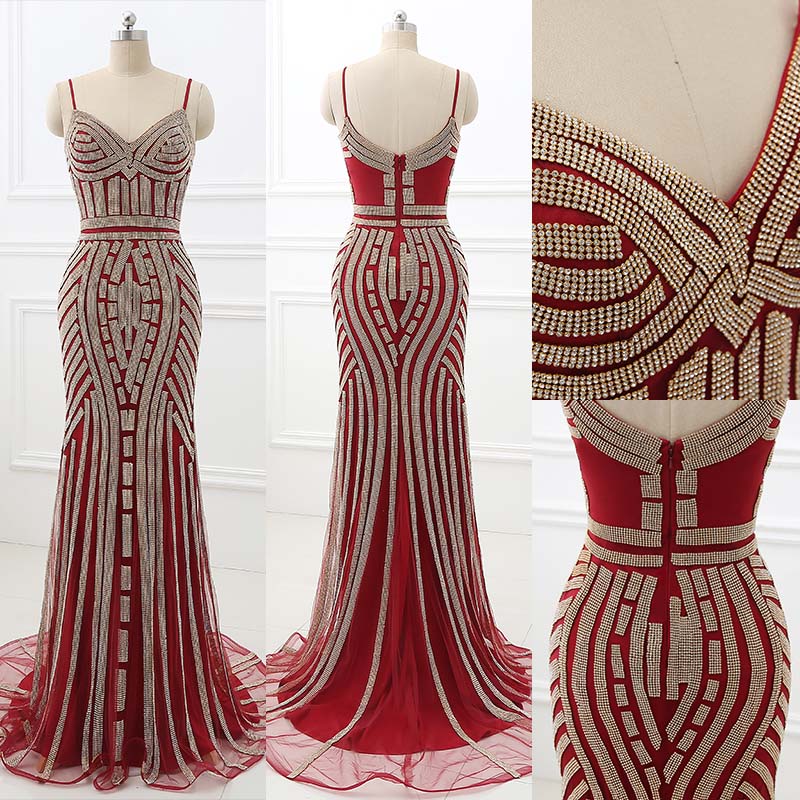 

Stunning Beaded Crystal Evening Dresses 2019 Real Photos Spaghetti Straps Mermaid Backless Sexy Navy Black Burgundy Designer Occasion Dresse, Pink