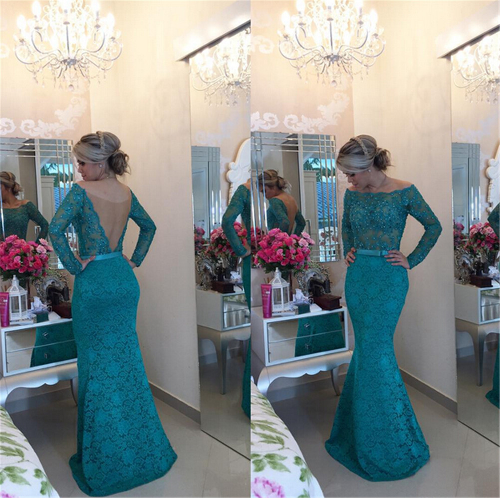 

Modern Long Sleeve Lace Mermaid Prom Dress Pearls Off-the-shoulder Sheer Bodice Green Evening Dress vestido formatura curto, Multi