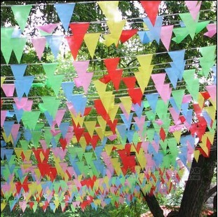 

Wholesale-5bags 75M/bag150flags(10Ropes) Wedding Bunting Triiangle Flag Decoration Christmas Festival Supplies Married String Flags Decor