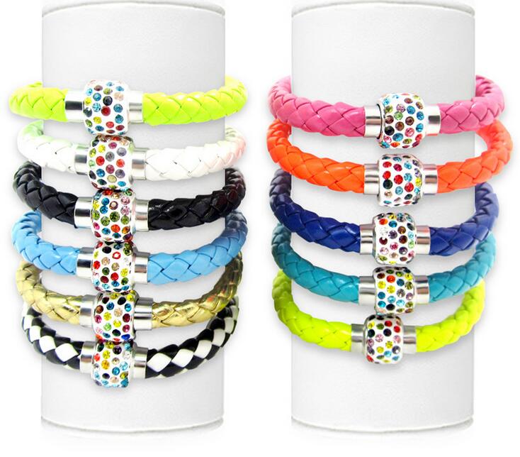 

Hot sale Flat deduction color diamond deduction leather rope bracelet fashion jewelry FB302 mix order 20 pieces a lot Charm Bracelets