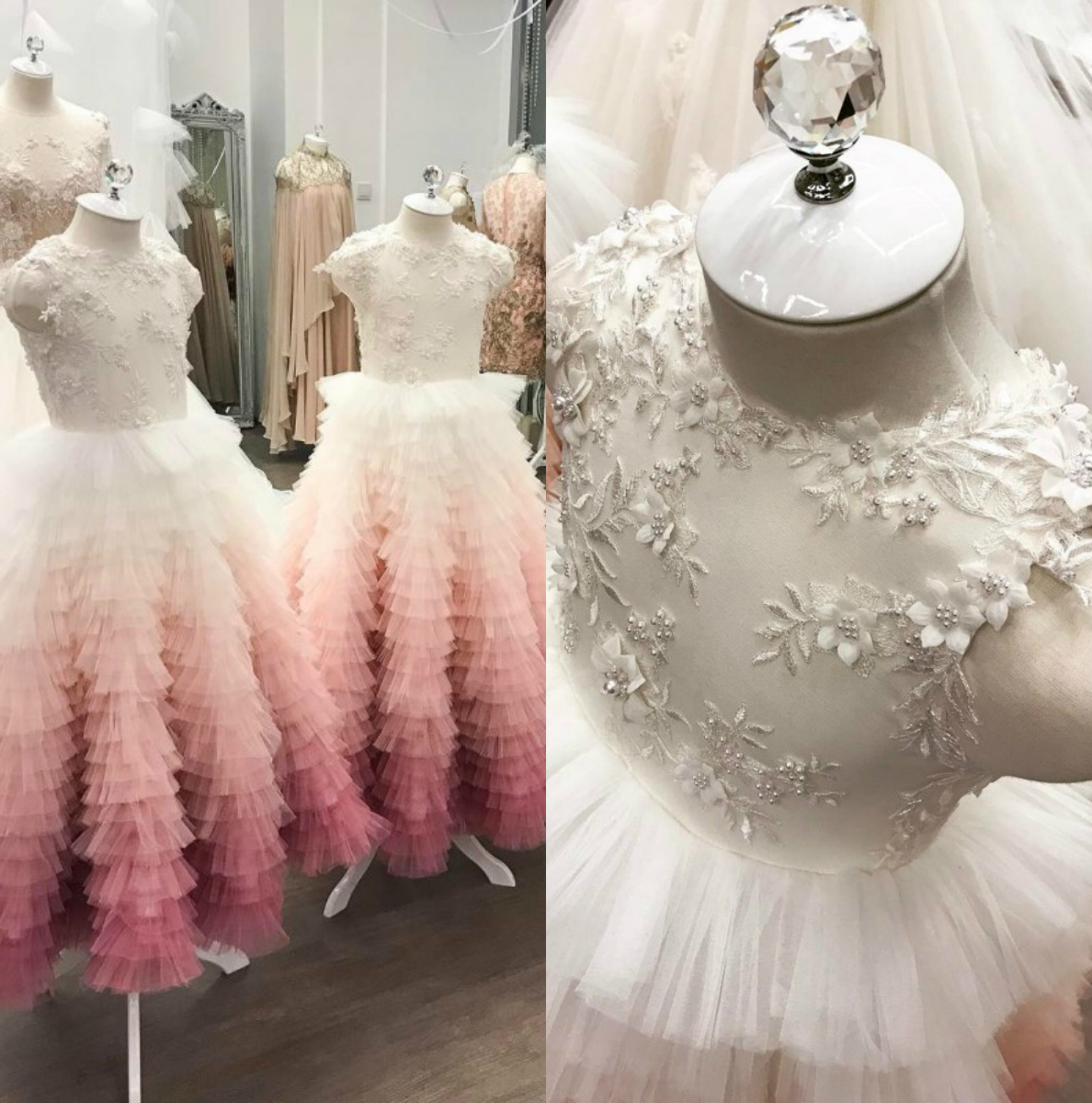 

Beads 3D Floral Appliques Flower Girl Dress Lace Fancy Gowns Vintage Wedding Dresses For Little Bride, Same as image