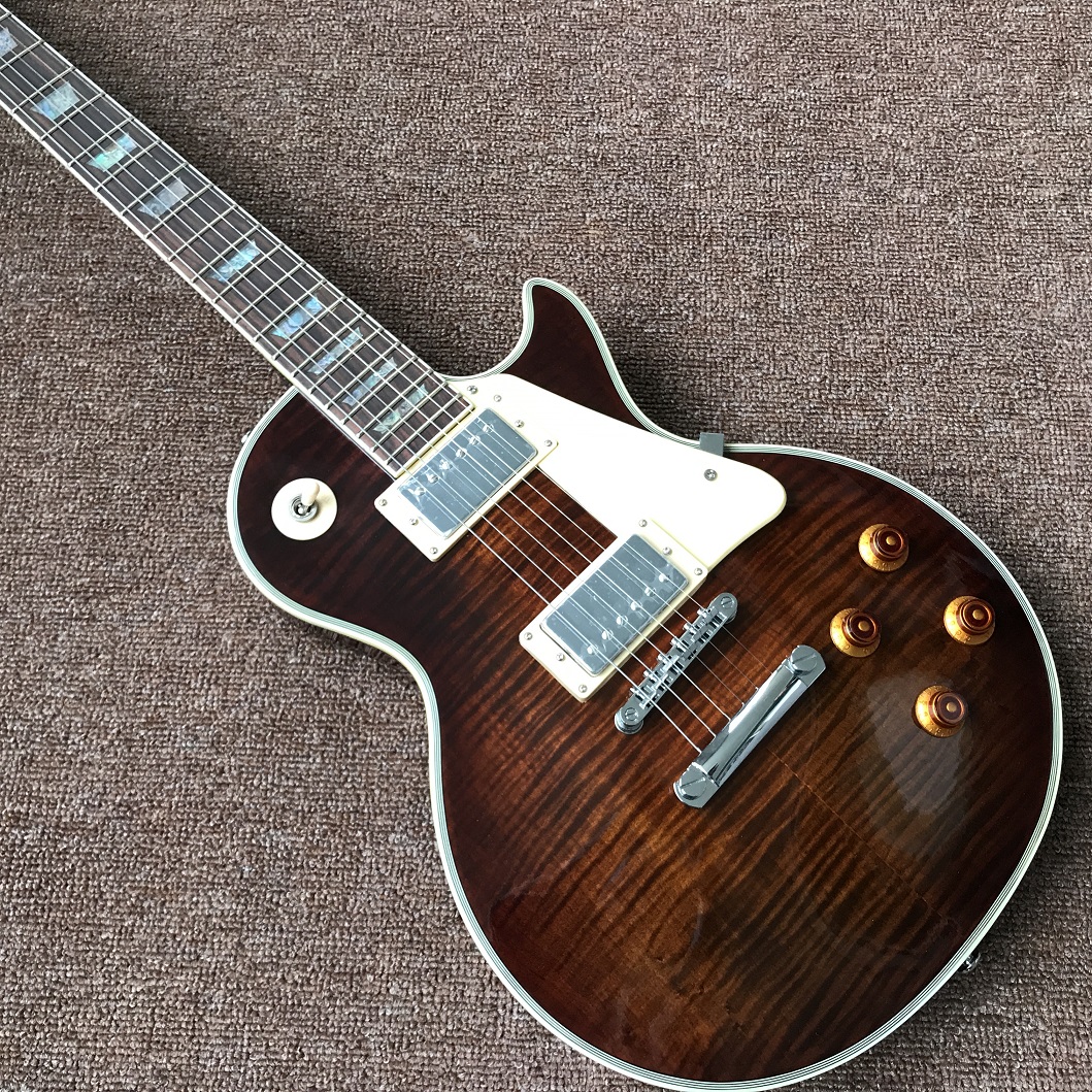 nouvelle arrivée vente chaude custom shop guitare électrique de couleur marron avec chromehardware, incrustations colorées, guitarra de haute qua