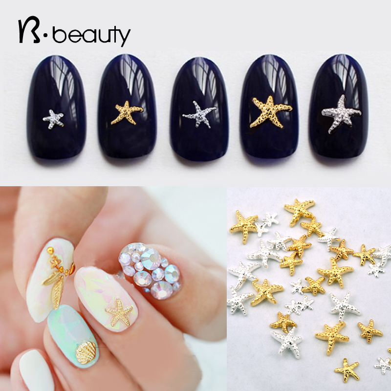 Wholesale-New Arrive 20pcs 3d Gold Silver 5mm Alloy Starfish Design Nail Rhinestone Studs UV Gel Nail Art Decoration DIY Nail Accessories